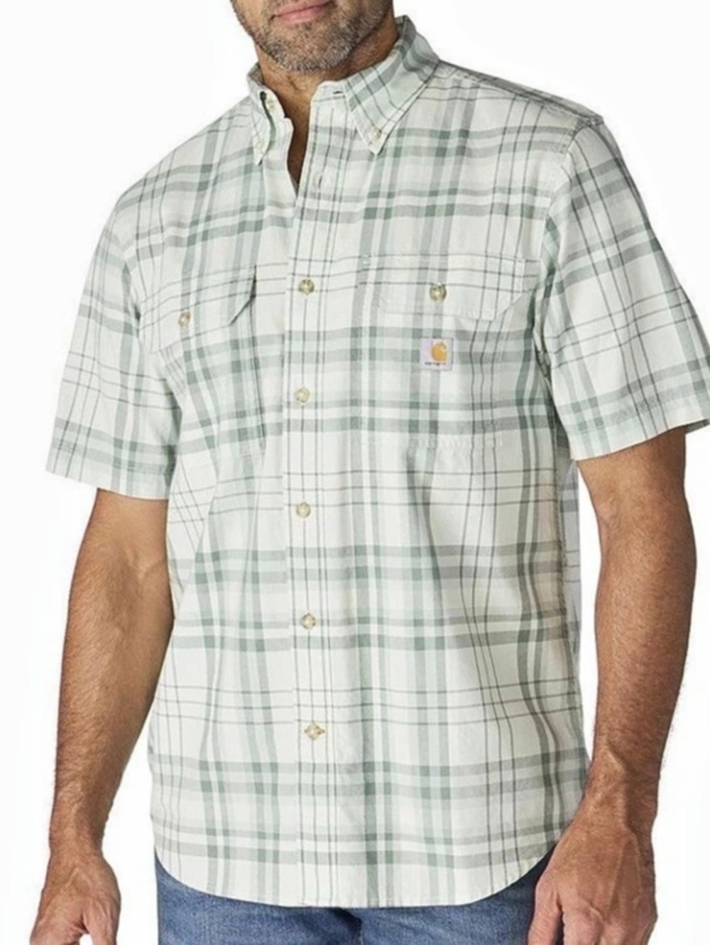 Carhartt Men's Plaid Short Sleeve Shirt in Green & White NWT
